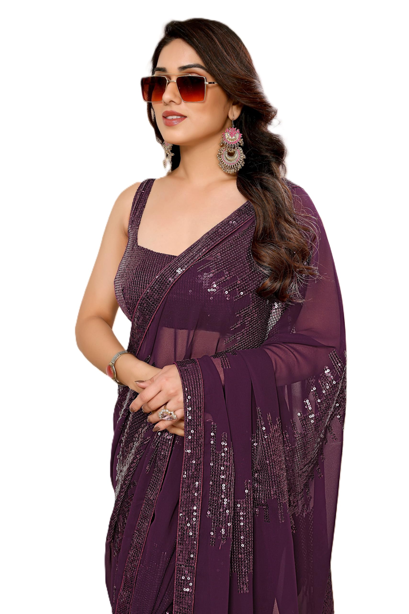 Ekasya Women Georgette with Sequence Ready to Wear Saree - Elegant Blush Design, Intricate Sequence Work, Perfect for Weddings, Parties, and Special Occasions, Stylish & Comfortable Fit