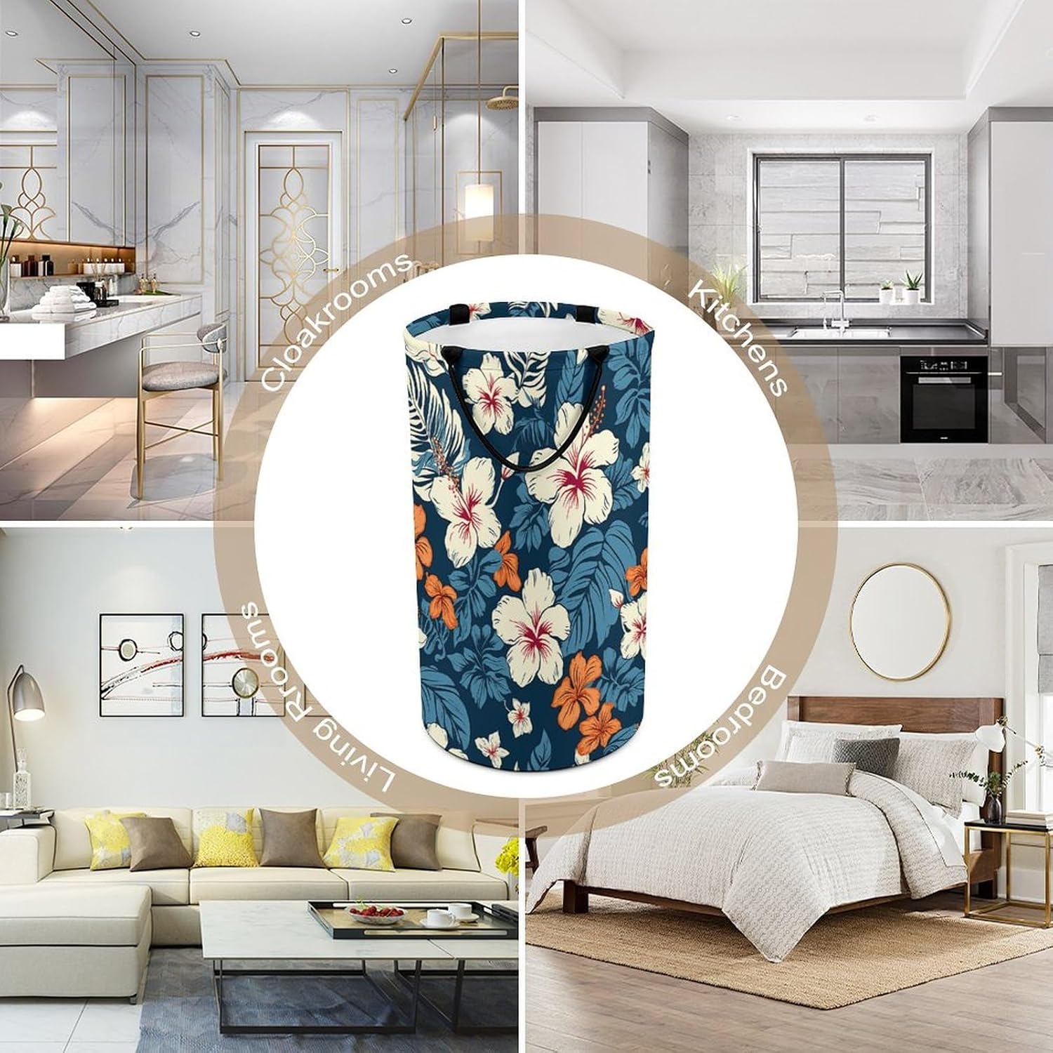 Hawaii Flower Laundry Hamper with Handles Waterproof Collapsible Laundry Basket Large Lightweight Round Dirty Clothes Hamper for Home Dorm Bathroom Decor
