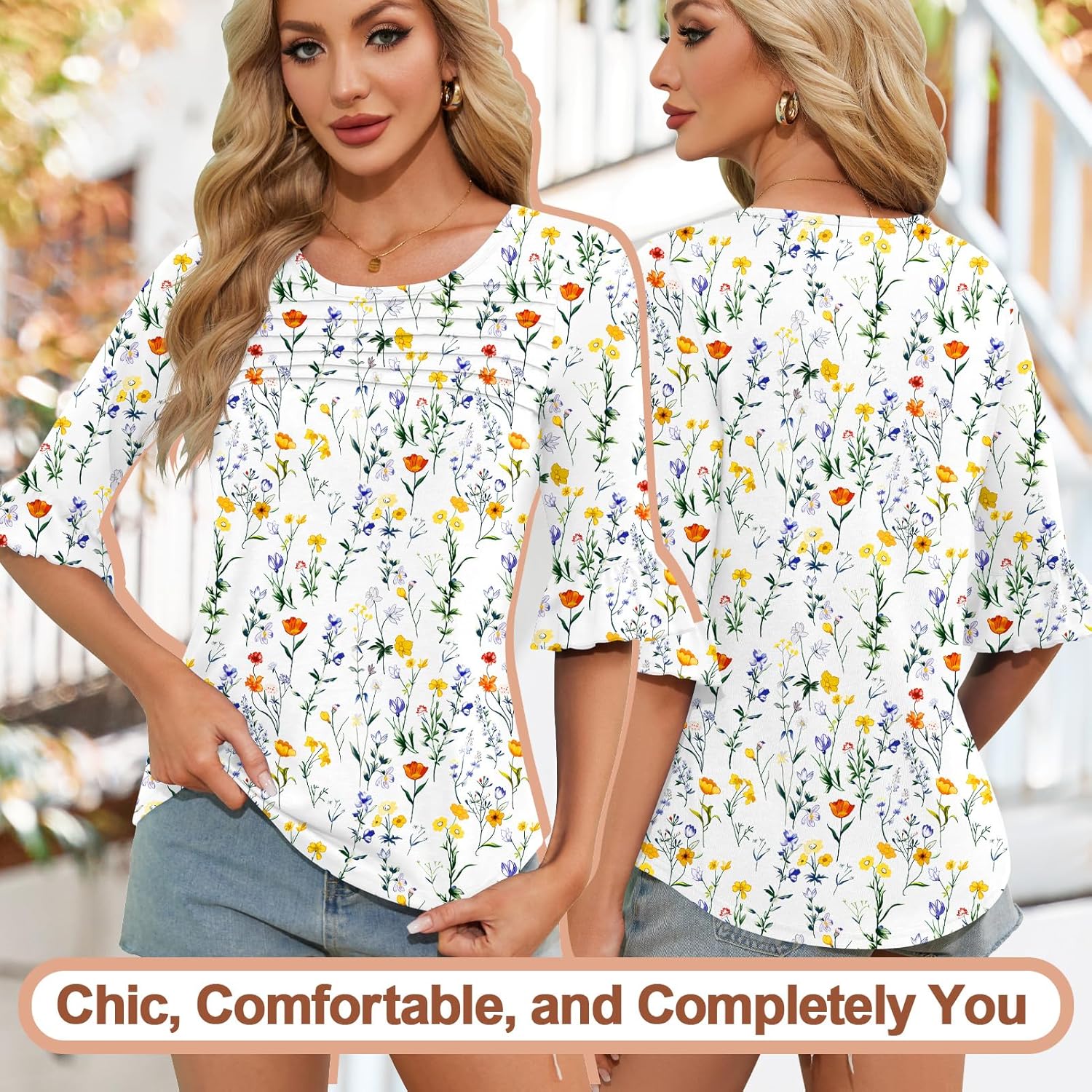 Blingfit Womens Tops 3/4 Length Sleeve Dressy Casual Shirts Bell Sleeve Front Pleated Fasion Trendy Summer Blouses 2026 - Image 2