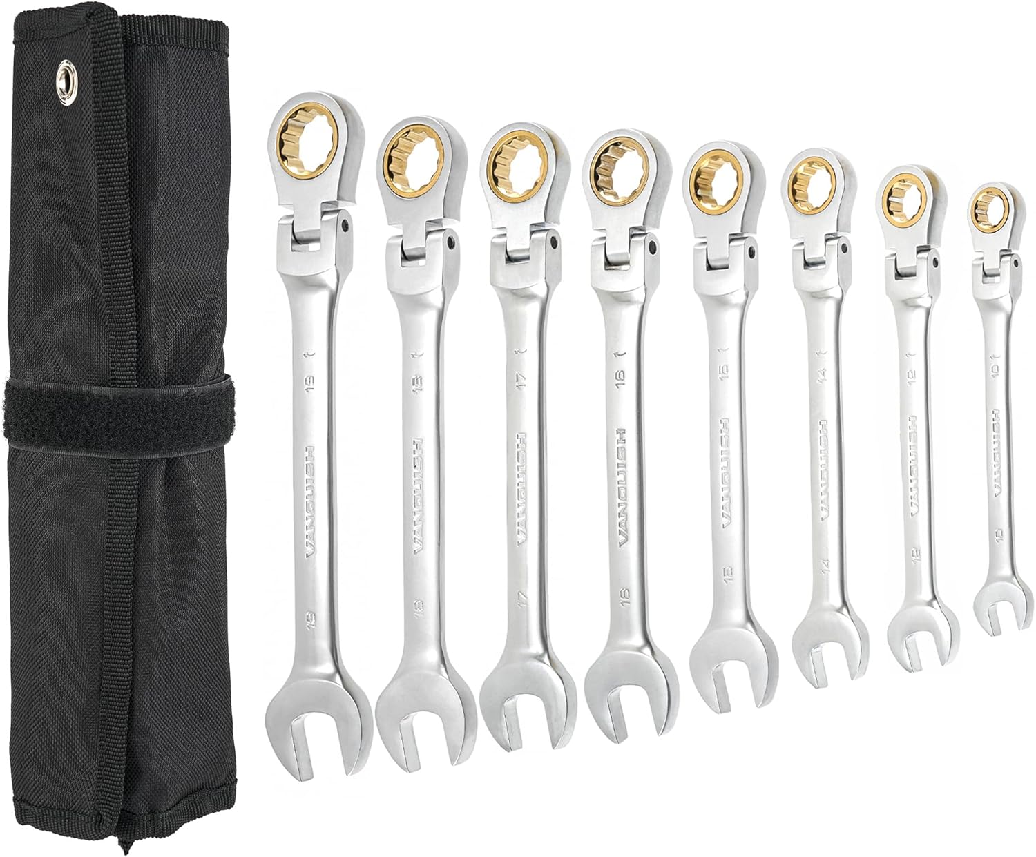 Vanquish Flex-Head Ratchet Wrenches Set, 8-Piece Metric Combination Wrenches Set, 72-Teeth, Cr-V Constructed,10,12,14,15,16,17,18,19mm (1217SET)
