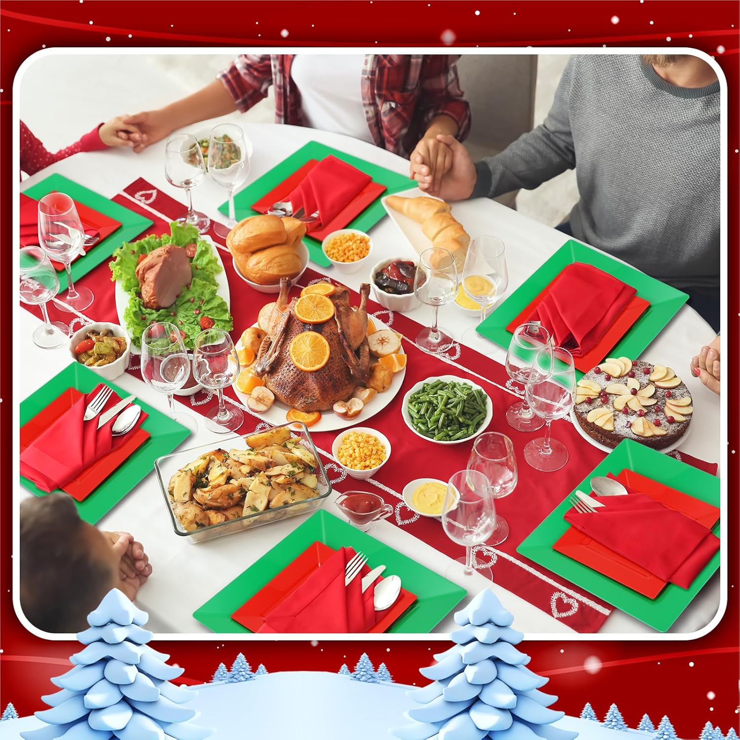 Maxcheck 80 PCS Square Combo Christmas Plates Set Includes 40 PCS Green Dessert Plates, 40 PCS Red Disposable Plastic Plates Dinnerware Heavy Duty Xmas Dessert Plates Bulk for Christmas, 6.5'', 9.5''