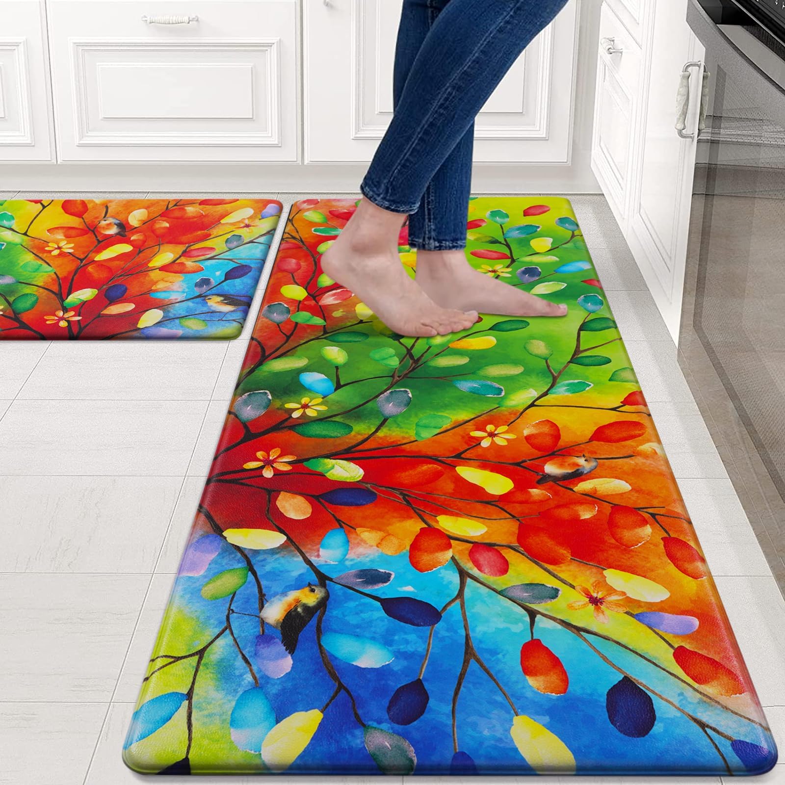ASPMIZ Farmhouse Kitchen Rugs Non Slip Set of 2, Colorful Leaf Kitchen Mats