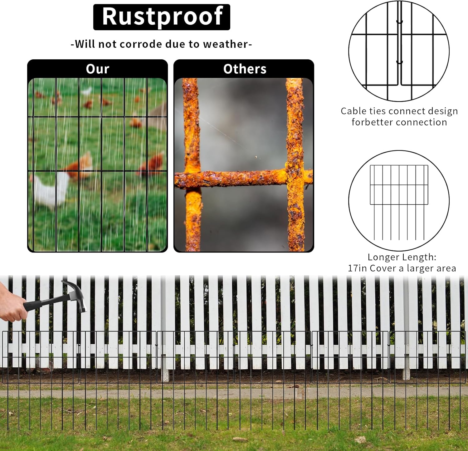 20 Panels Animal Barrier Fence, 13 in(H) x 17 in(L) No Dig Fence for Rabbits and Dogs, Rustproof Metal Wire Garden Fence Border with Ground Stakes for Yard, Patio & Landscaping
