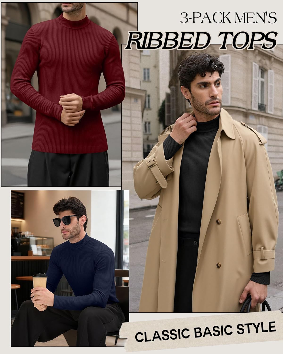 3 Pack Men's Mock Turtleneck Sweaters Cotton Long Sleeve Ribbed Pullover Sweater Knit Slim Fit Mock Neck Tshirts - Image 5