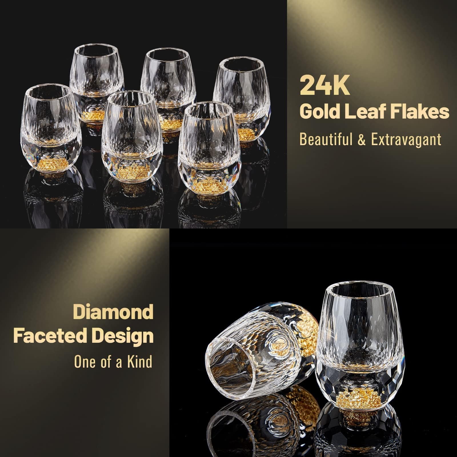 DUJUST Verres à Shot en Diamant 4cl(45ml), Ensemble de Verres à Liqueur en Cristal, Décorés d'or 24 Carats, Tasses Luxueuses et Mignonnes, sans BPA ni Plomb, Cadeau Parfait - 6 pièces