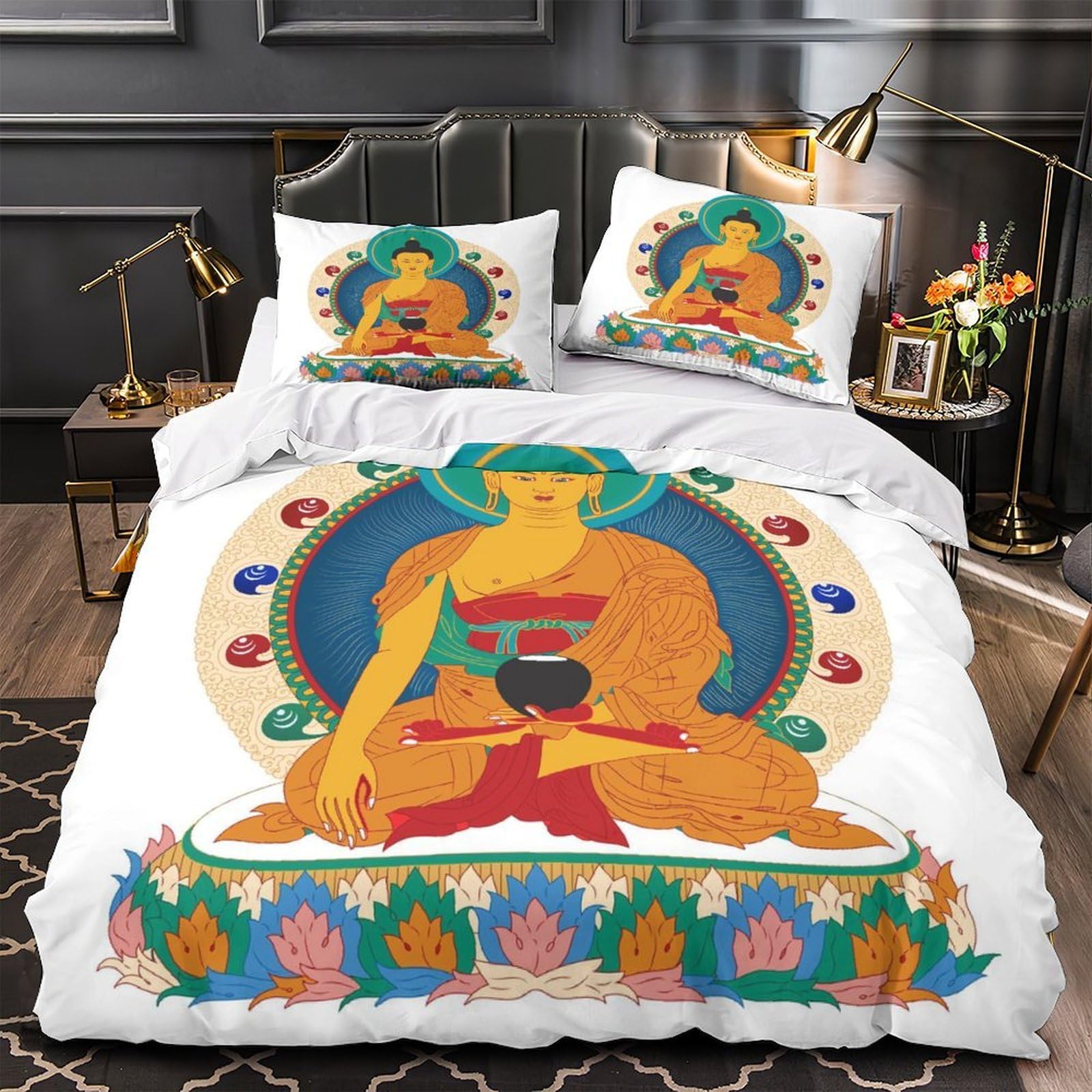 Housse couette Buddha 220x240 cm avec 2 taies d'oreiller en microfibre douce pour lit King.