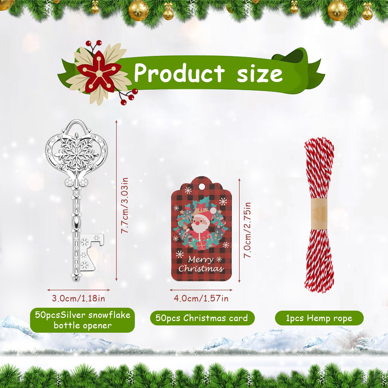 50 apribottiglie a forma di fiocco di neve di Natale, portachiavi argentato con fiocchi di neve e corde, decorazioni per albero di Natale, forniture festive a tema, regalo per colleghi