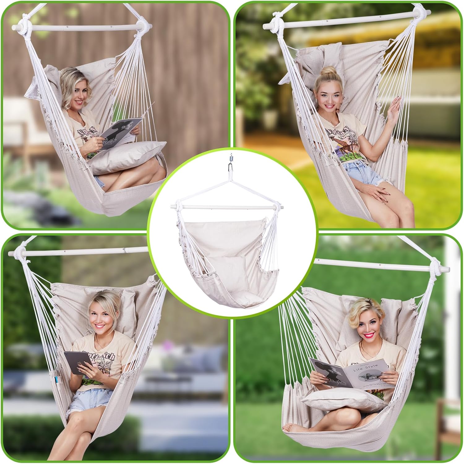 Backyard Expressions Hanging Hammock Chair Swing with Cushions & Hanging Kit – 500 lb Capacity, Cotton Blend Fabric, for Indoor/Outdoor Use – Includes Chain, Hooks & Spring – 5 Colors - Image 3