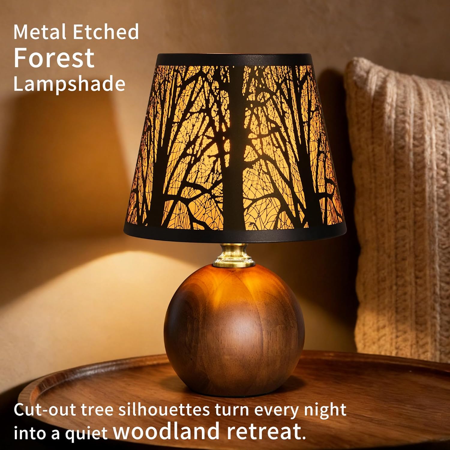 11.4" Rustic Forest Table Lamp, 3-Color Stepless Dimmable Bedside Lamp with Black Metal Tree Shade & Solid Wood Base, Small Decorative Accent Light for Living Room Nightstand