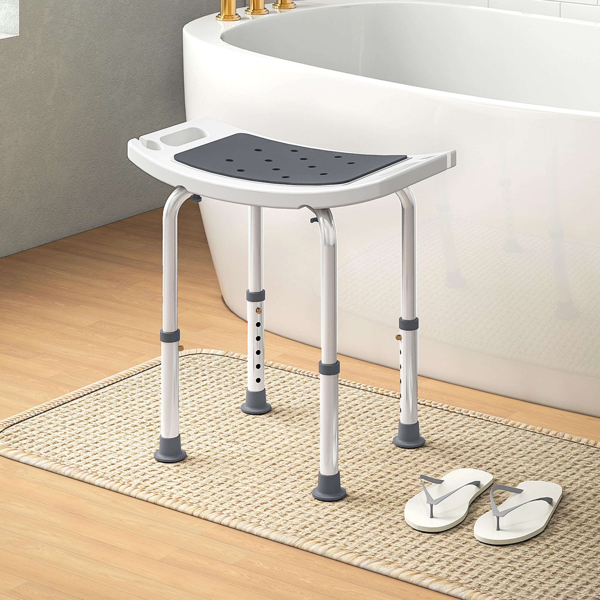 HOMCOM Sgabello per Doccia da Bagno in Lega di Alluminio e Plastica Antiscivolo, Sgabello Bagno con Altezza Regolabile 6 Livelli 39-52cm, Grigio
