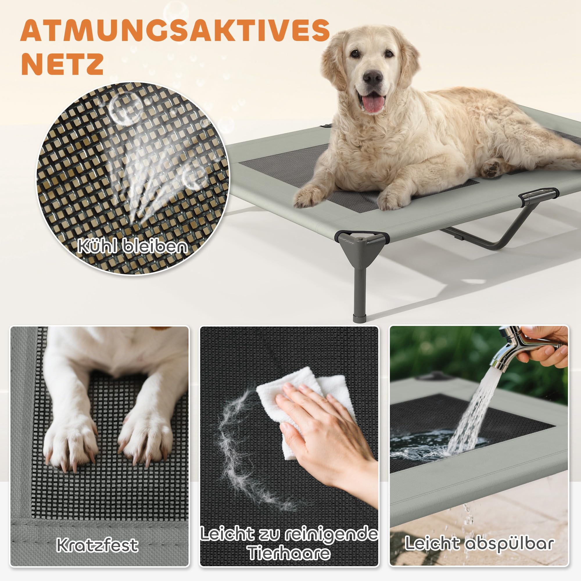 PawHut Tumbona para perros para exteriores con techo, cama elevada para perros grandes, cama para mascotas con marco de acero de malla lavable, bolsa de transporte, cama para mascotas para exteriores