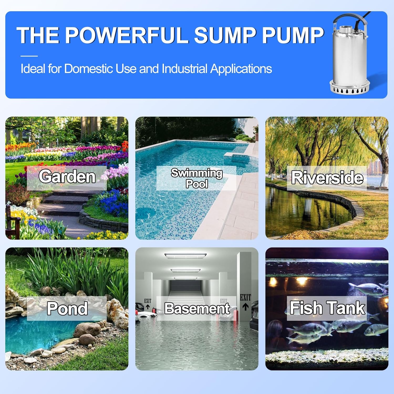 1 HP Sump Pump Submersible 3700 GPH Water Pump for Pool Draining, Full Stainless Steel, Clean Dirty Water Transfer from Basement Garden Pond Sump Pit Hot Tub with Adapters