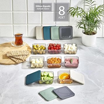 Kare Şekilli Mini Saklama Kabı Küçük Kapaklı Çok Renkli Pratik Amaçlı Kap Takımı Erzak Çerez Piknik Gıda Kabı Kahvaltılık Set (8)