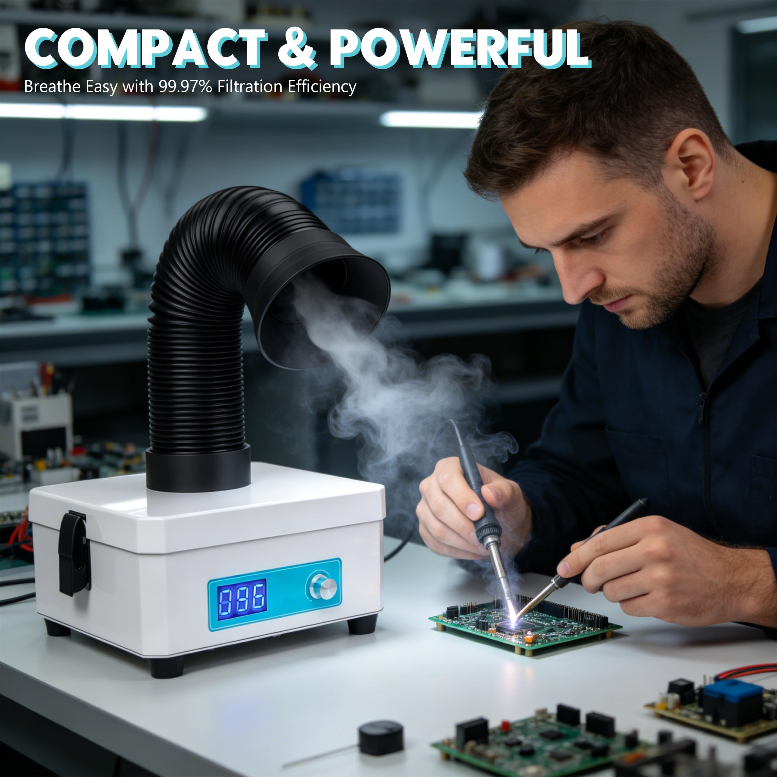 Aspirador de Humos de Soldadura | 2-en-1 Filtro HEPA y Carbón Activo para Extracción de Humos con 99,97% de Eficacia de Filtración, Purificador de Aire