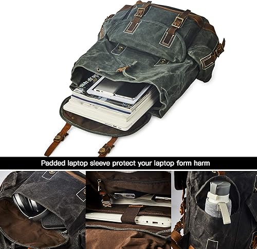 Miniatura 5 de Mochila de lona encerada para hombre Casual 15.6" Mochila para portátil, Verde, Mochilas de mochila