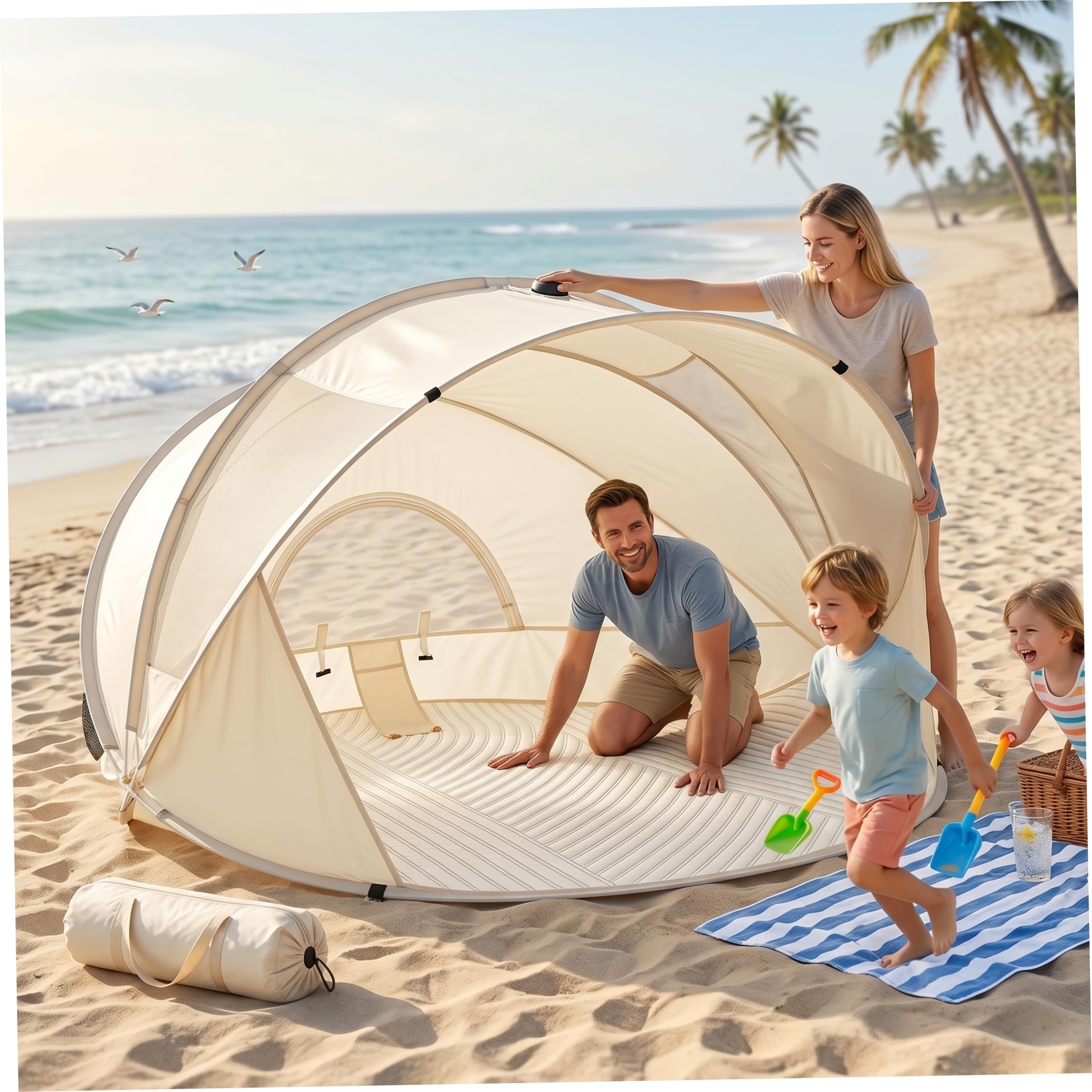 Tente de Plage Pop-up instantanée pour 3 à 4 Personnes, abri Solaire extérieur Portable avec Sac de Transport et Tapis Sol, 51, 2 x 51, 2 x 43, 3 Pouces, auvent pour Le Sable