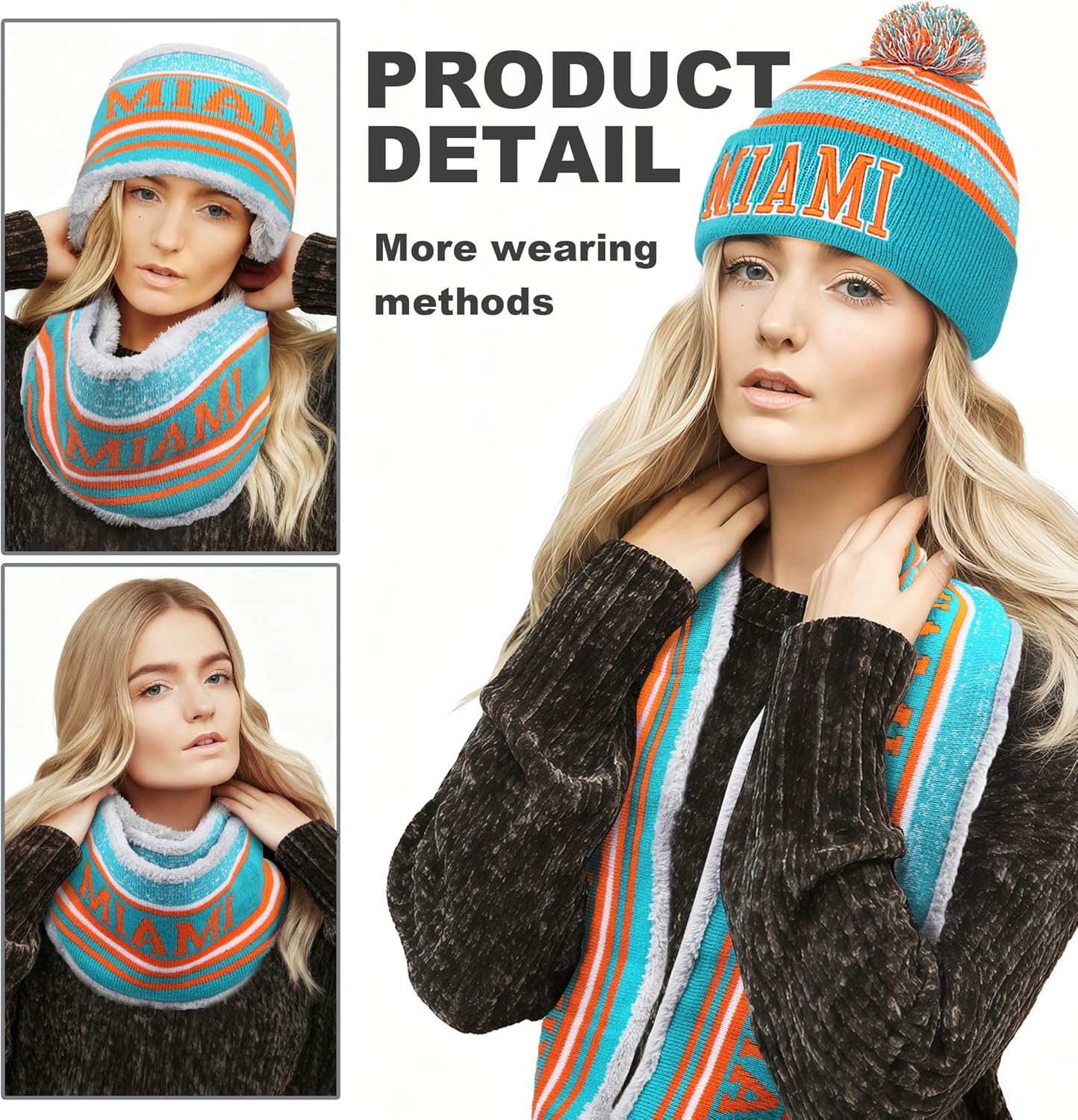 Winter Beanie Hat Circle Scarf Set, Warm Football Knit Beanie Hat