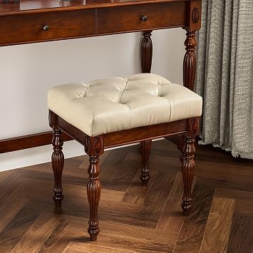 Solid Wood Upholstered Vanity Bench, Small PU Ottoman Stool, Beige | Leather Tufted Foot Stool with Padded Cushion, Carved Footrest Rustic Legs for Bedroom Living Room, Small Make Up Chair