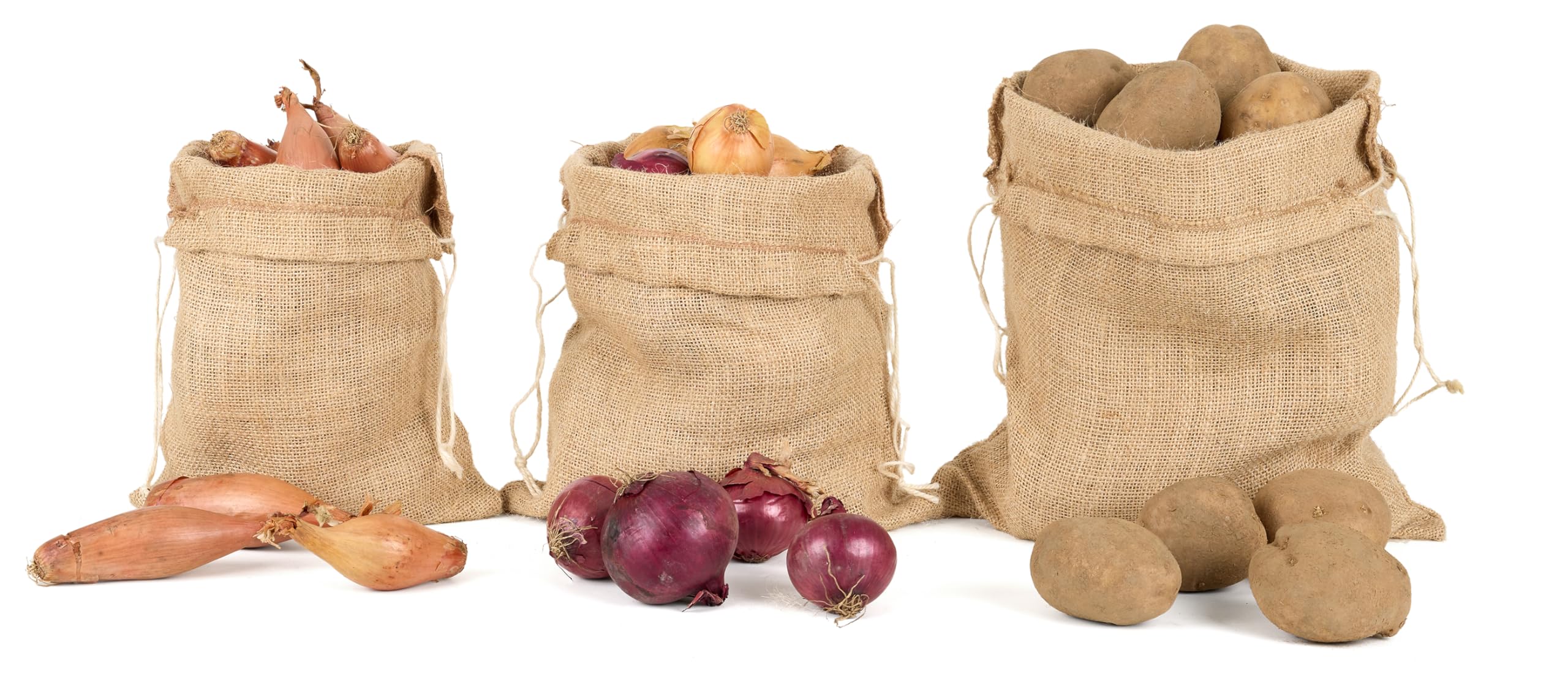 La Cordeline 3 Sacs Toile Jute Naturel Stockage Légumes Pomme de Terre Oignons Cordon Serrage 3 Tailles S M L
