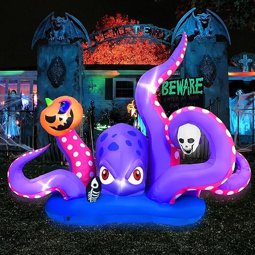 Pulpo gigante inflable de Halloween con calabaza y calavera para decoración de Halloween al aire libre, decoración inflable de Halloween con LED disponible en Yaxa Mexico