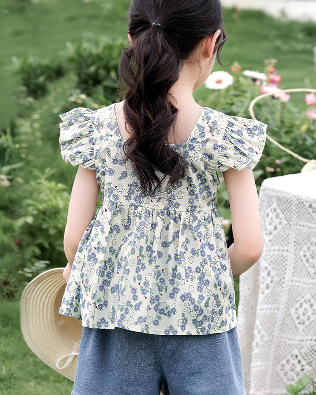 Girls Summer Short Sleeve Tops Cute Ruffle Square Neck Peplum Shirts Casual Cotton Smocked Blouse 2-12 Y - Image 4