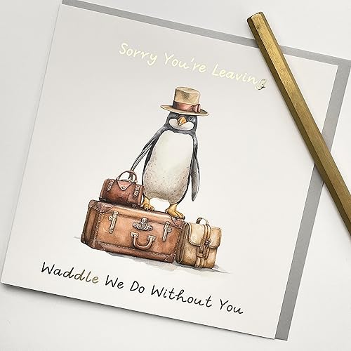 Miniatura 3 de Old English Co. - Tarjeta de pensión de jubilación con sombrero de pingüino y maleta para colega de trabajo, divertida tarjeta de pensión de