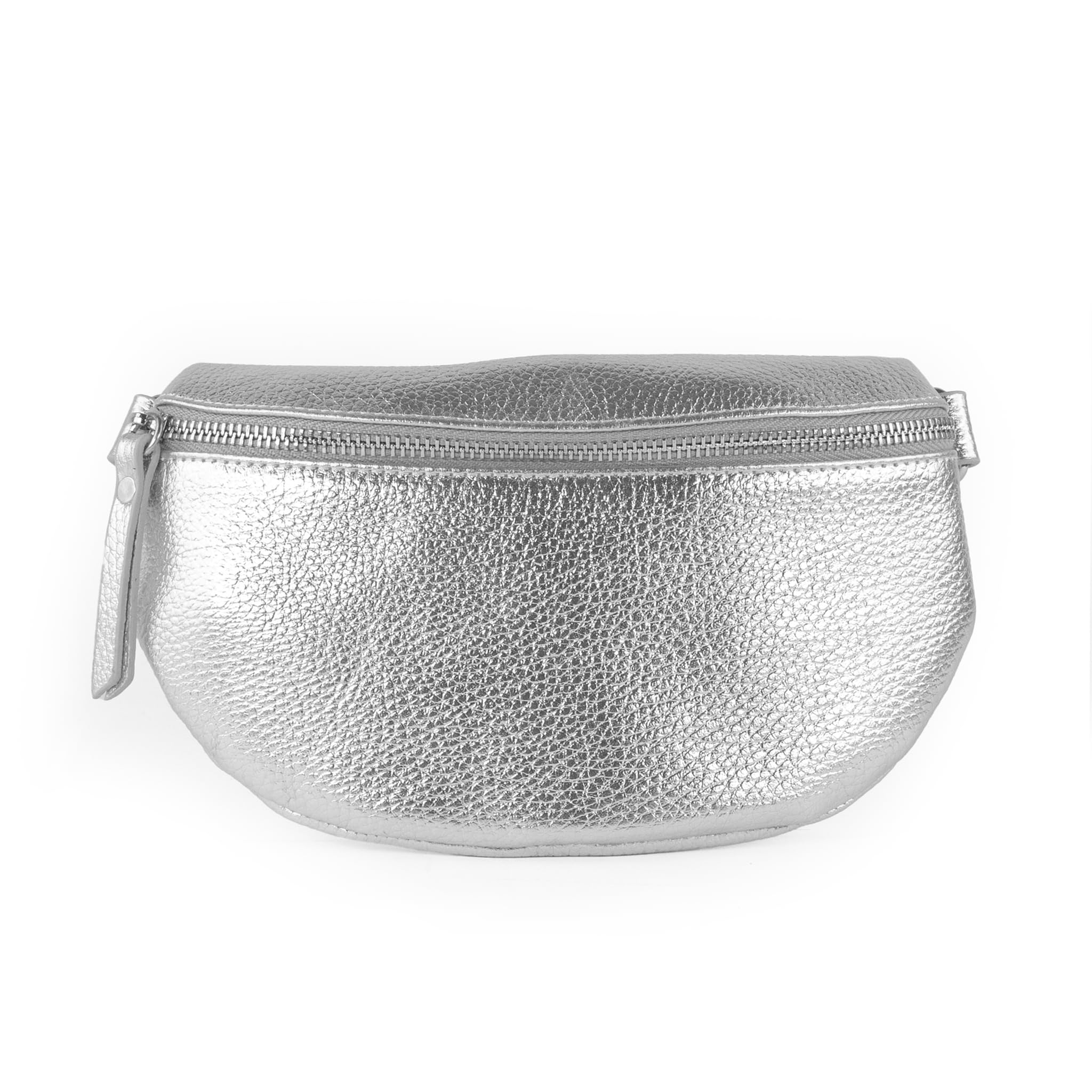Leder Bauchtasche in metallic für Damen, Festival Tasche, Frauen Bauchtasche mit breitem Schultergurt, Kleine Umhängetasche, Crossbody Tasche, Geschenk für Damen (Silber, M)