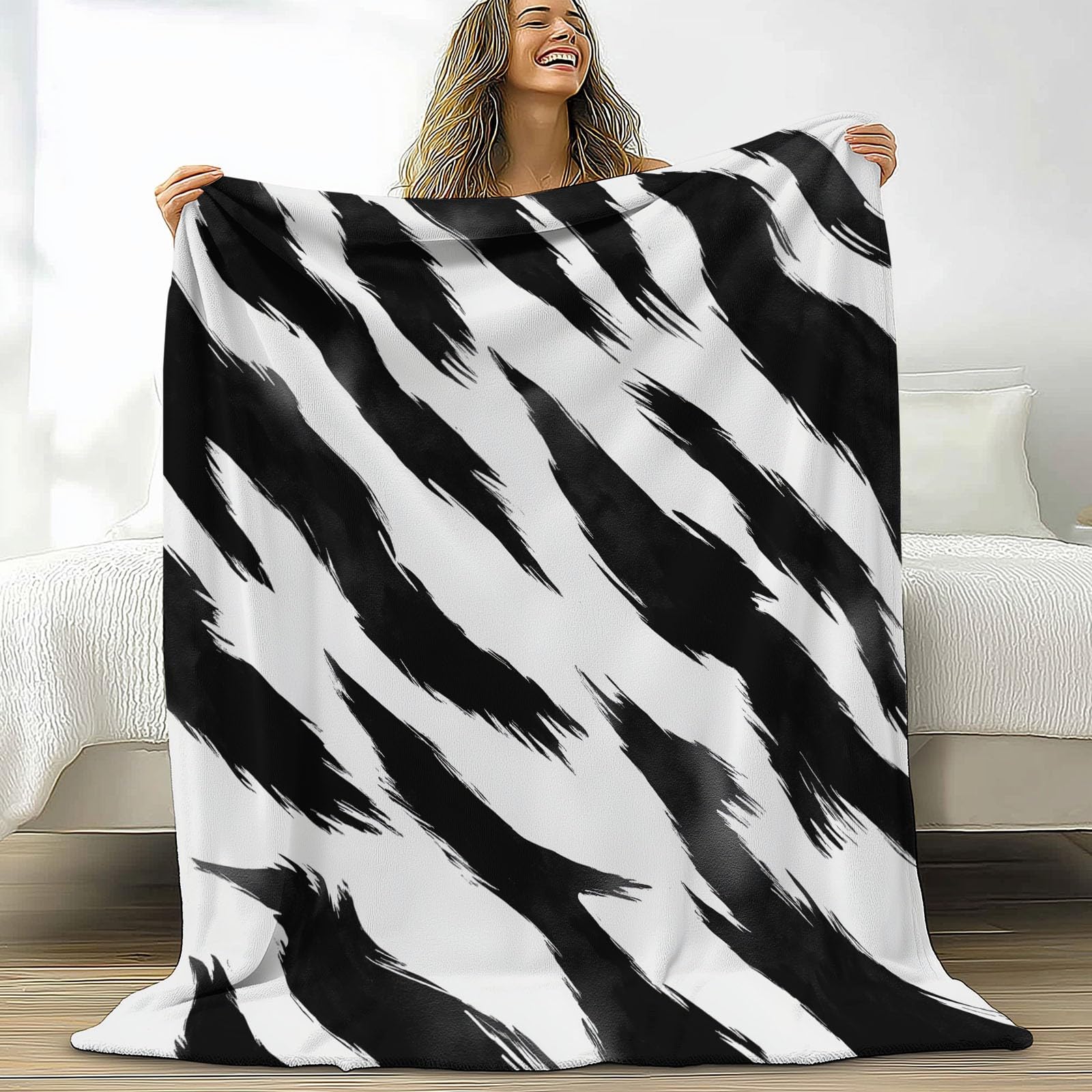 Minimalistyczny styl flanelowy koc z nadrukiem 180 x 200 cm, ciepły i miękki czarno-biały tygrys paski ręcznie malowany koc dekoracyjny na zimę łóżko sofa i salon