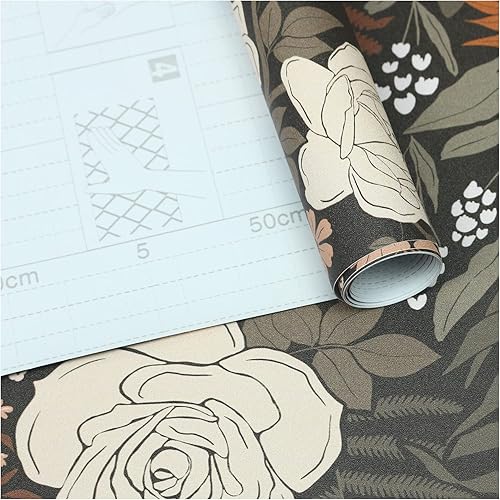 Miniatura 8 de HAOKHOME Papel tapiz autoadhesivo con diseño floral, vintage, extraíble, hoja de rosa, negro, marrónbeige, 17.7 pulgadas x 6.6 pies