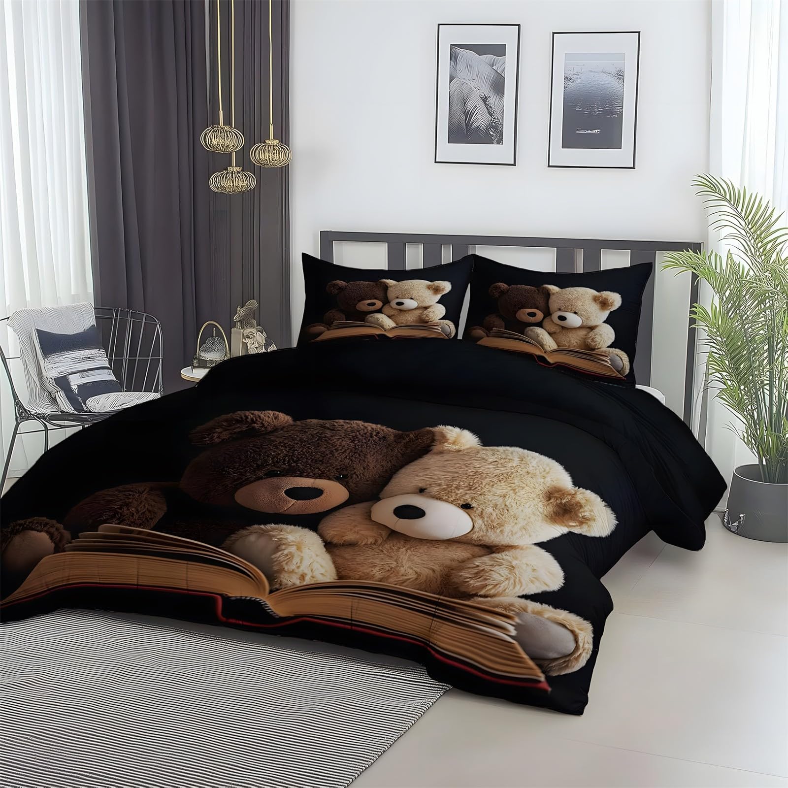 Bettwäsche 200x220 Teddybär Bettwäsche 3teilig Schwarz Bettbezug Mikrofaser mit Reißverschluss mit 2 Kissenbezug 80x80