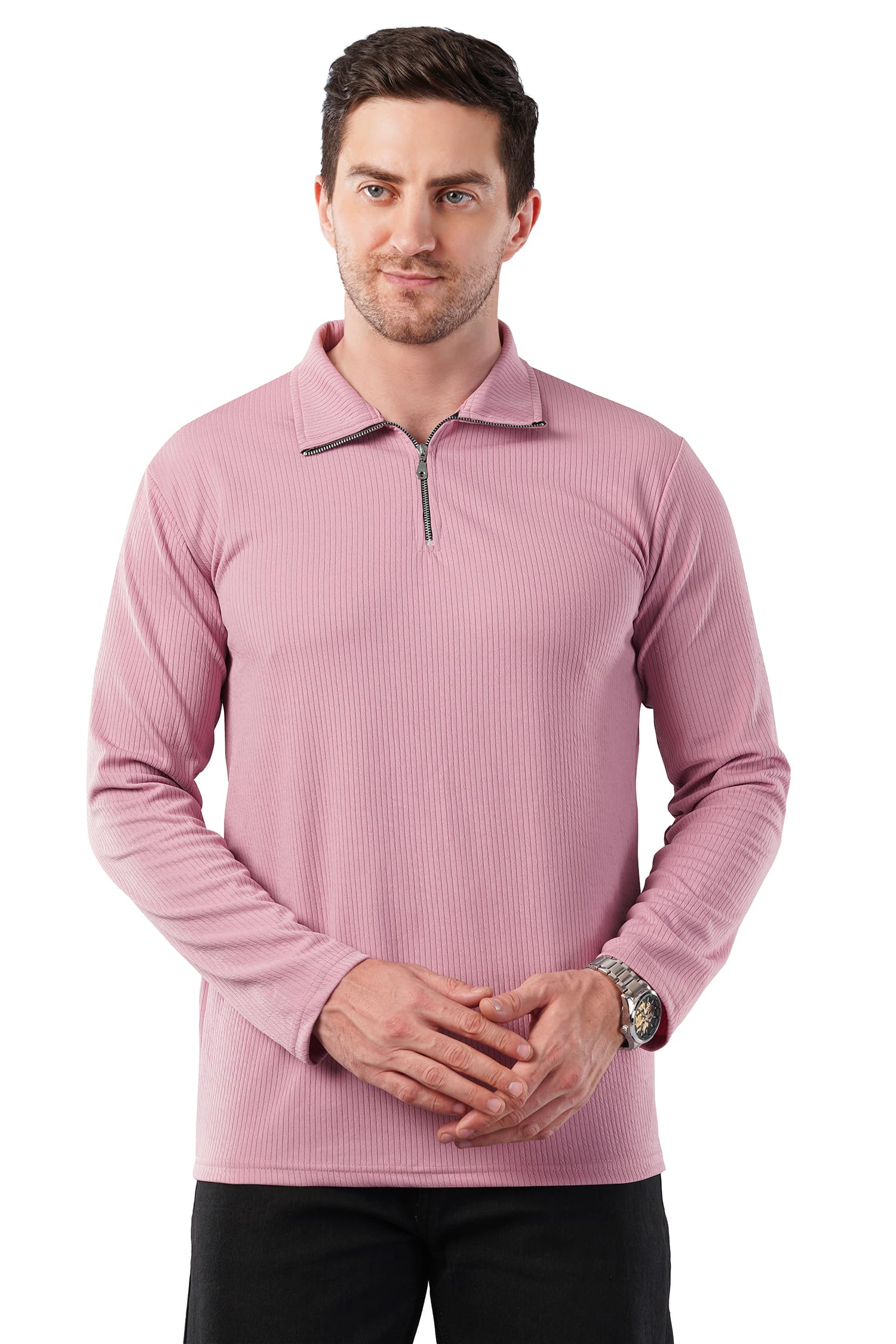 KAJARU Men's Quarter Zip Pullover T-Shirt, Cable Knit Pattern, Full Sleeve-picture-42