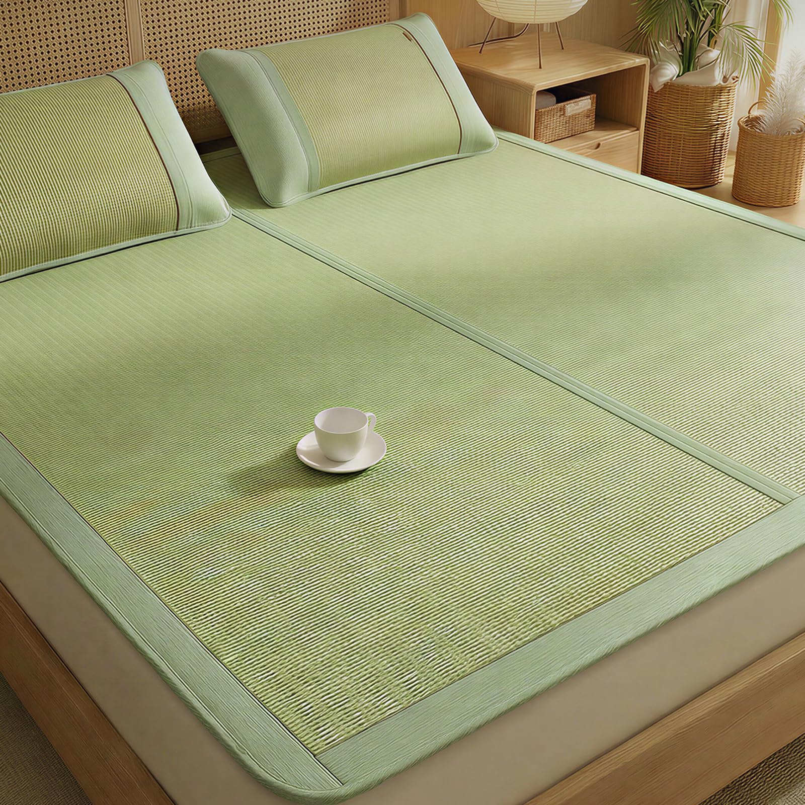 Natural Rush Straw Sleeping Mat Cooling Mattress Topper,Foldable Bed Sheet Summer Bedding,Washable Single Twin Size Air Conditioning Pad for Home Dorm-Skin Friendly(150x200cm)