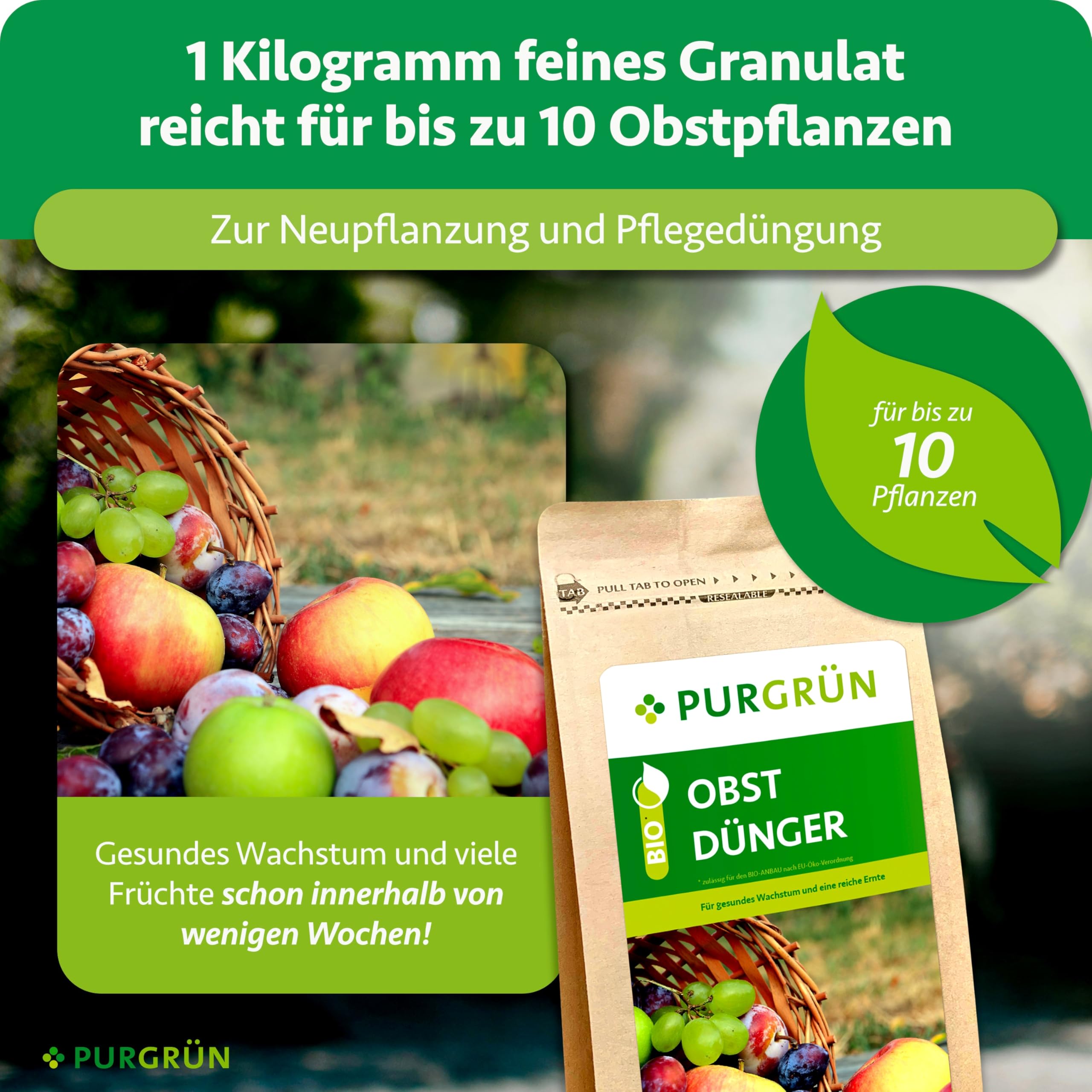 Bio-Obstdünger 1 kg – Organisch-mineralische Rezeptur – Feinkörniges Krümelgranulat – NPK 6+4+5 – Mit Magnesium für süßes Früchte – Verbessert die Bodenqualität mit Mykorrhiza & Kohle