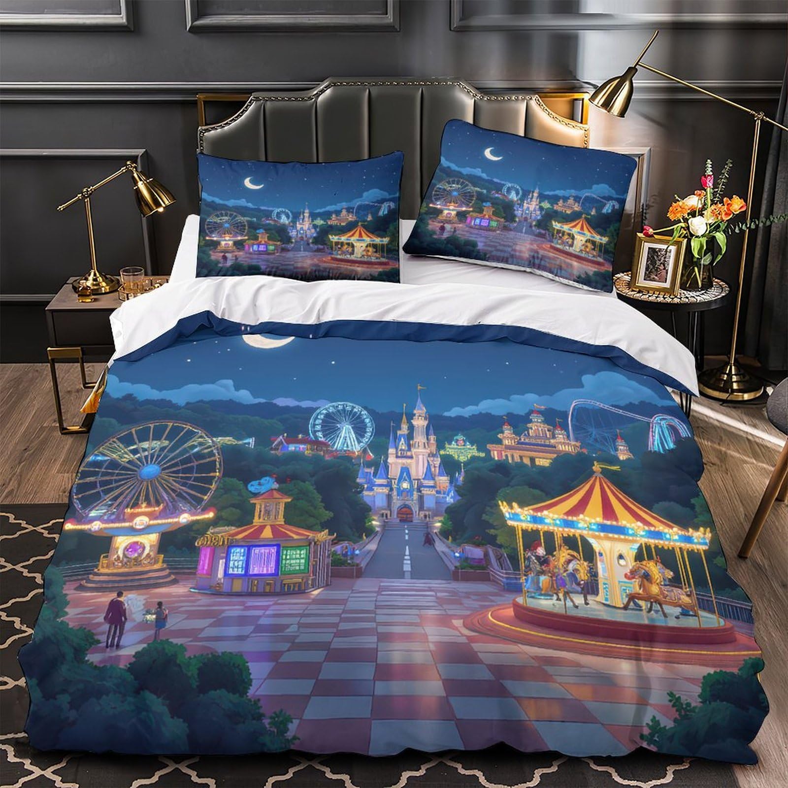 Housse de Couette 3D Parc d'Attractions Nocturne 140x200cm pour Enfant