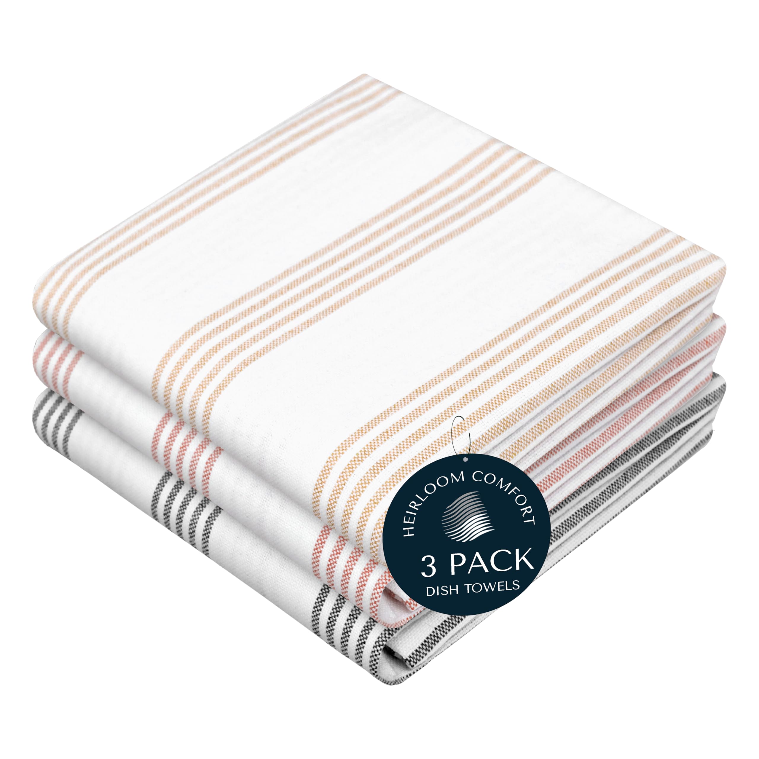 HEIRLOOM COMFORT Multi Colors Kitchen Towels 3 Pack, 100% Cotton, Pin Striped Towel Set, Super Absorbent & Durable Dish Cloths, Quick Drying Fabric for Drying Dishes - Beige, Rust, Black
