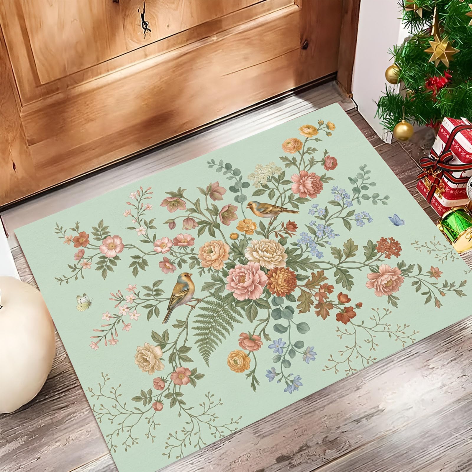 Felpudo Ultrafino Para Interiores,80X120Cm,Flores Orientales Sencillas Pájaros Alfombra Antideslizante Lavable Para Entrada,Plantas Naturales Retro Felpudo De Perfil Bajo,Atrapa Suciedad,Verde Salvia