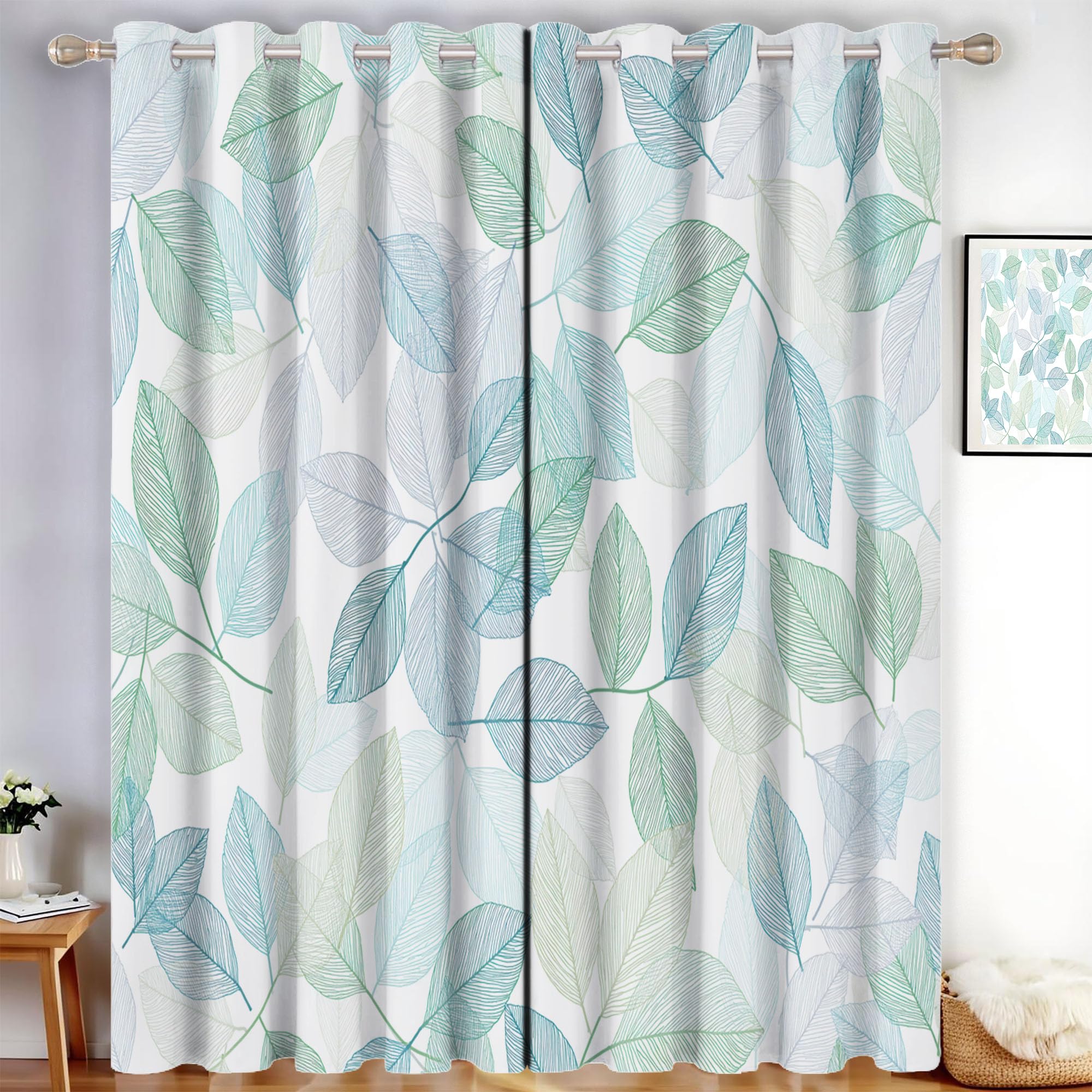 Cortinas Decorativas Hojas Dibujadas Con Líneas - Opacas Térmicas Estilo Minimalista Fresco 2 Piezas 140 x 175 cm, Cortinas De Privacidad Para Decoración De Ventanas De Sala De Estar, Azul Verdoso