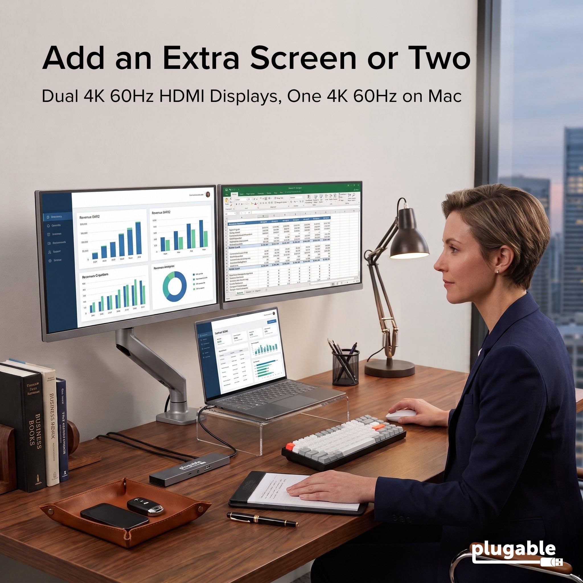 Plugable Hub USB-C 11 en 1 100 W USB-C Pass-Through, Station d'accueil pour Ordinateur Portable Double Moniteur avec HDMI 4K 60 Hz, Compatible avec Thunderbolt 4/3, USB-C Windows, Chromebooks, 1 Port