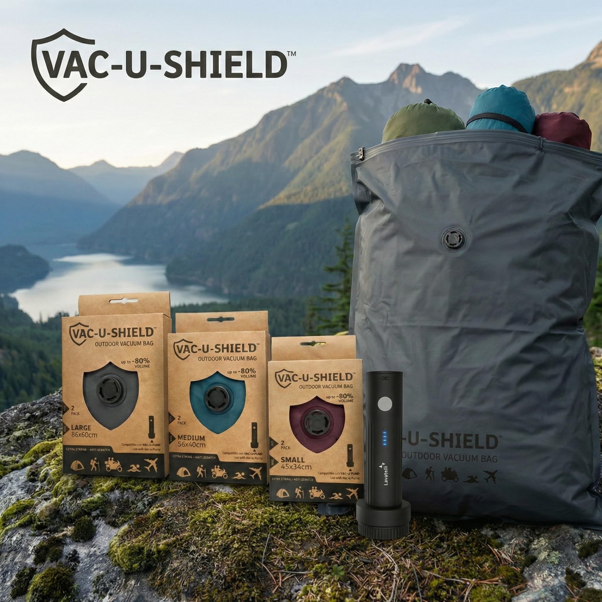 Vac-U-Shield 6 Vakuumbeutel + Vac-U-Pump, 3 Größen S M L, Outdoor-Set | 6 Outdoor-Beutel (S M L) + kabellose USB-C-Pumpe; Universalventil, von Hand oder Pumpe, bis zu -80% Volumen