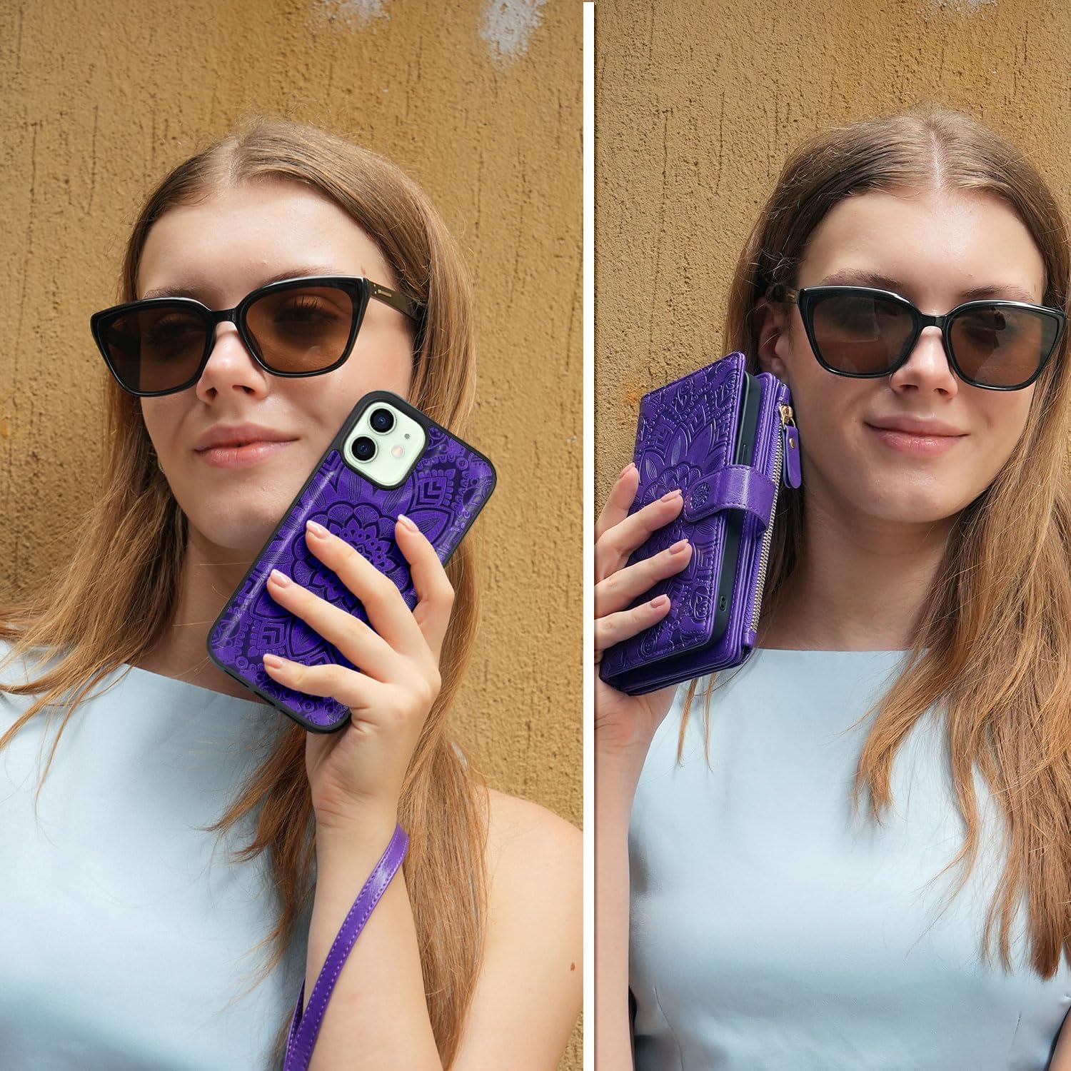 Harryshell Compatible with iPhone 12 / iPhone 12 Pro Case Wallet Detachable Magnetic Zipper Leather Cash Pocket with 12 Card Slots Holder Wrist Strap for 6.1 inch 2020 (Floral Purple)