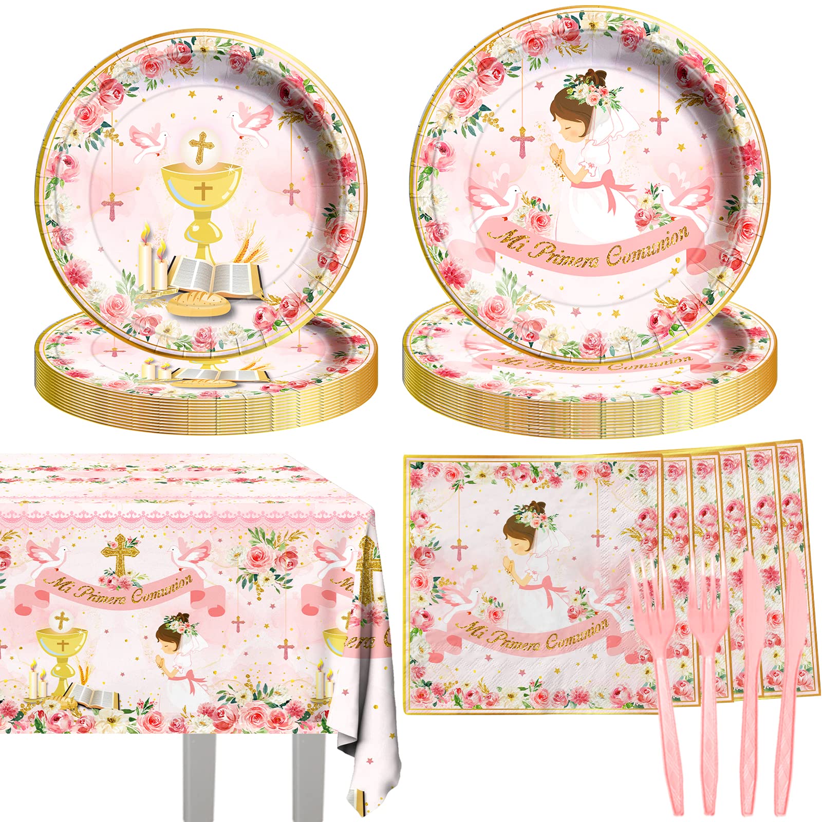 First Communion Decorations-Mi Primera Comunion Tableware Serve 20 Guests, First Communion Baptism Plates Napkins Tablecloth Forks and Knives for Girl Newborn Baby Shower Baptism Decorations