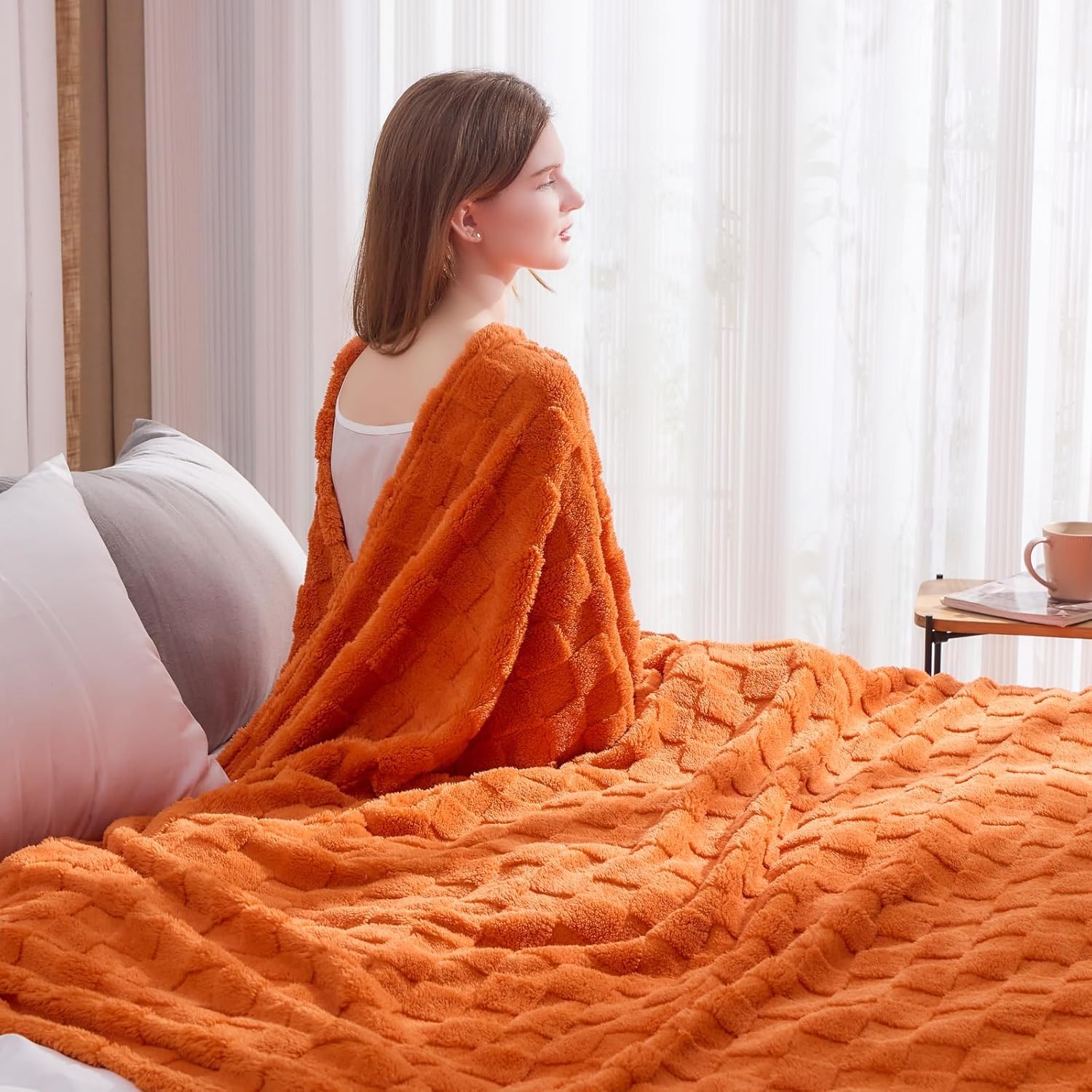 NEWCOSPLAY Super Soft Queen Blanket Orange Premium Silky Flannel Fleece 3D Checkered Lightweight Bed Blanket All Season Use (Orange Checkered, Queen(90"x90")) - Image 3