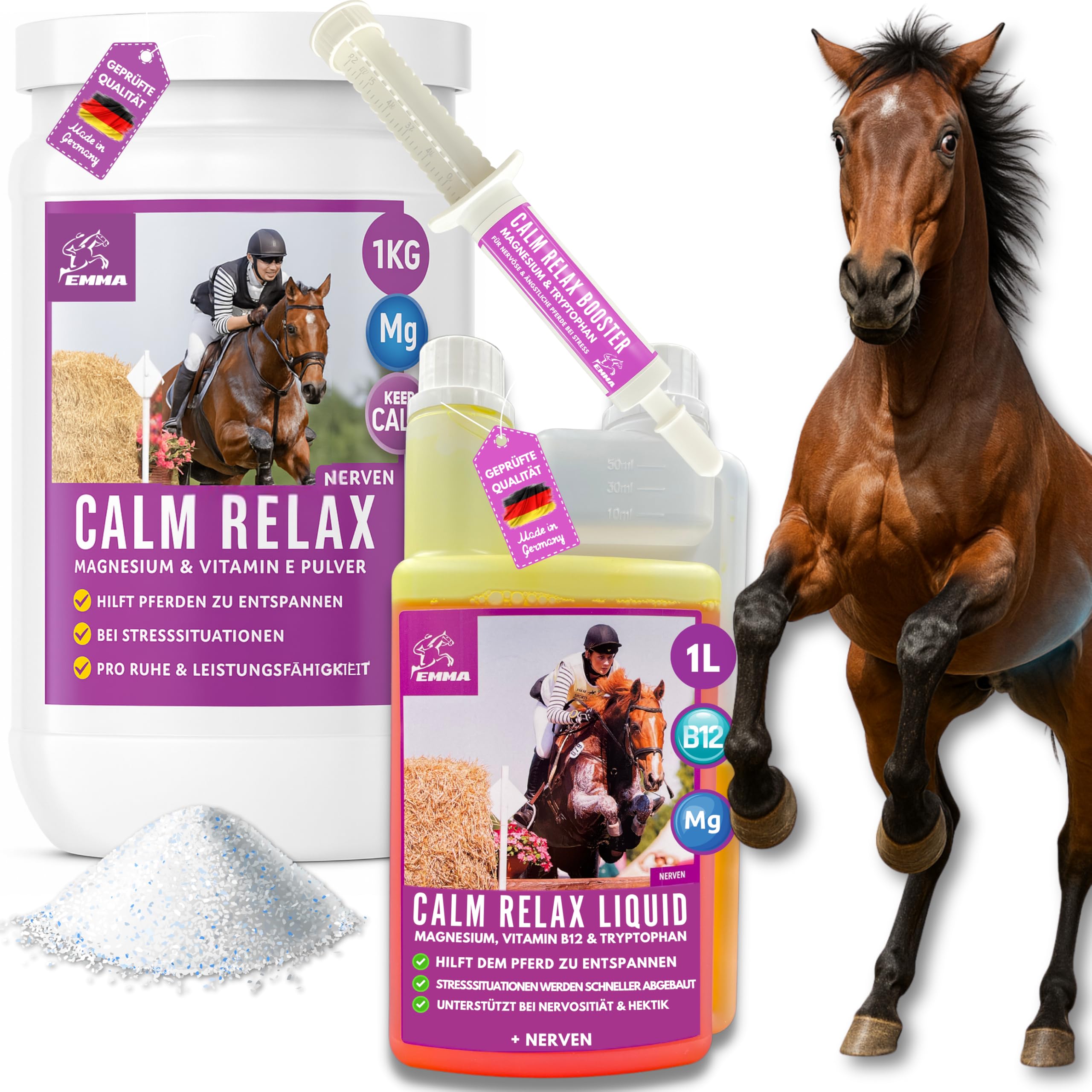 Magnesio Caballo 1L Calm Relax Líquido + Polvo + Pasta L Triptófano y Vitamina B12 I contra la Ansiedad y el Estrés I Vitamina B 12 Antiestrés I Calmante Durante el Transporte para Caballos Nerviosos