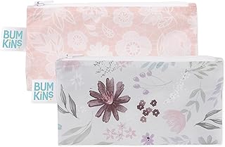 Bumkins Reusable Snack Bags, for Kids School Lunch and for Adults Portion, Washable Fabric, Waterproof Cloth Zip Bag, Supplies Travel Pouch, Food-Safe Storage, 2-pk Floral and Lace