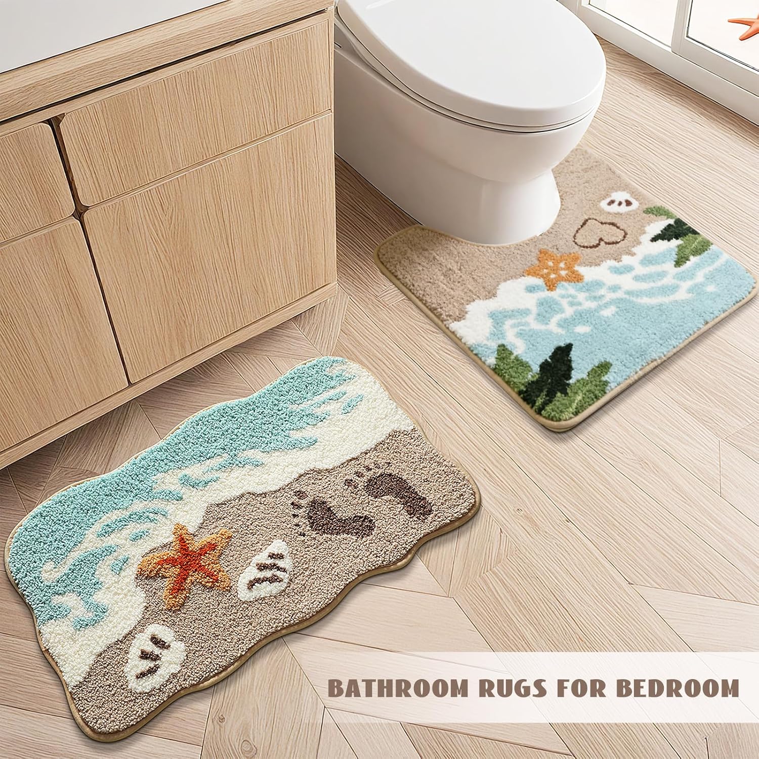 U Shaped Beach Toilet Rug, Wave Sand Footprint Toilet Floor Mat, Machine Washable Plush Fleece Coastal Bath Mat, Bathroom Rugs Non Slip for Shower Bathtub Bedroom, 24x20 inches (Beach 2)