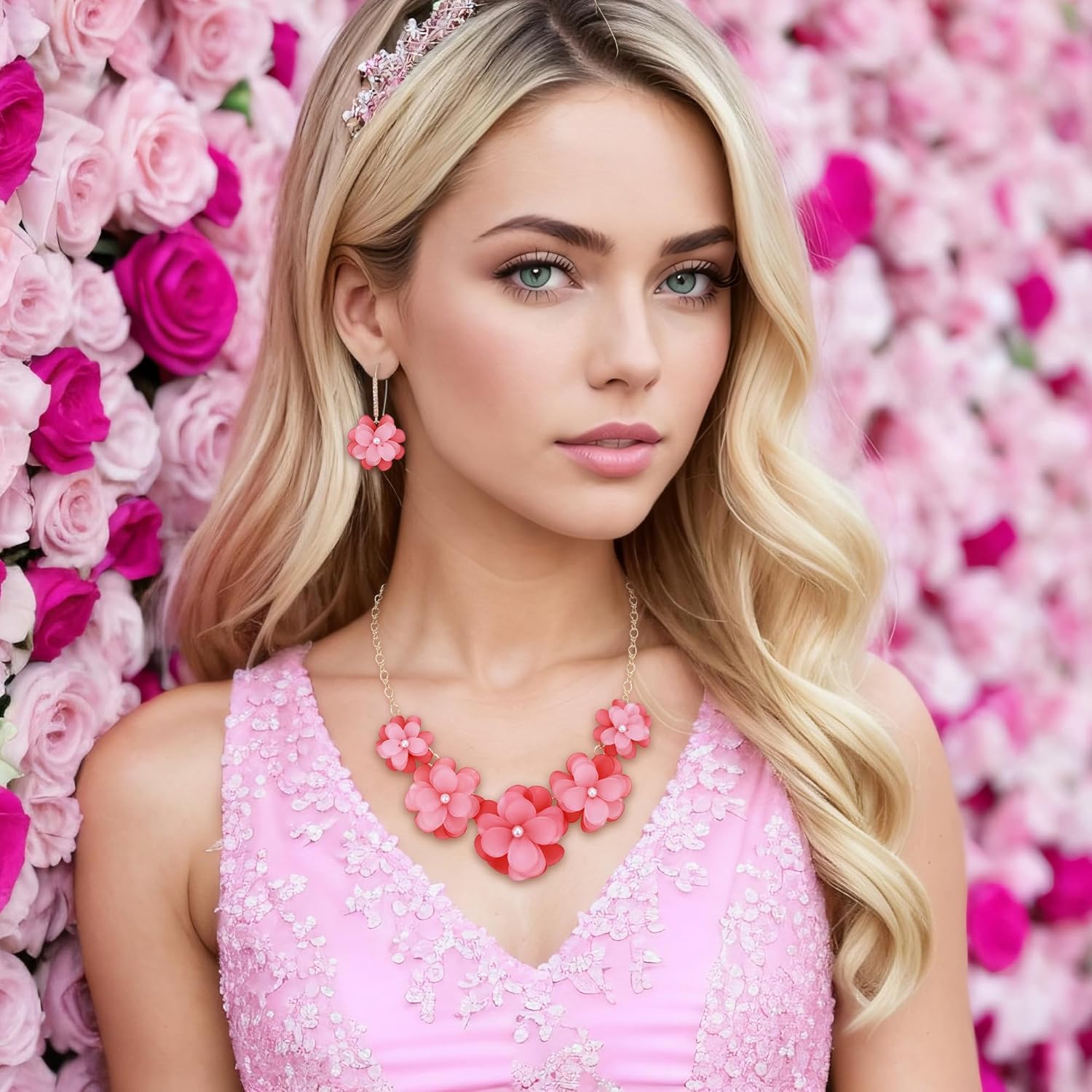 EVER FAITH Flower Collar Necklace, Faux Pearl Floral Summer Beach Statement Choker Necklaces Dangle Earrings for Women, Handmade Fashion Boho Party Prom Jewelry Accessories - Image 2