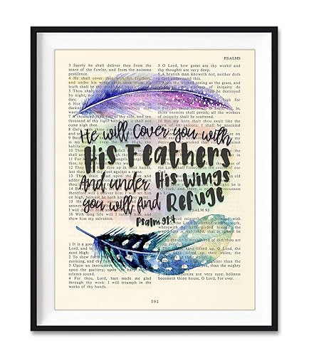 He Will Cover You with His Feathers, Psalm 914, Christian Art Print, Unframed, Vintage Bible Verse Wall Decor Poster, Inspirational Gift, 8x10 Inches