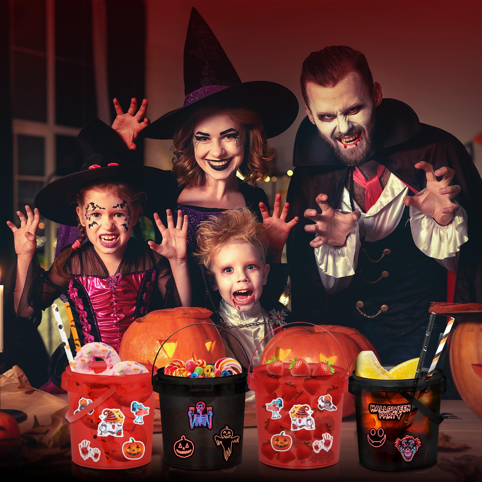20 cubos de dulces de Halloween, cestas de truco o trato para niños, cubos de hielo de 32 onzas para fiestas con tapa, contiene 210 calcomanías de Halloween y 25 popotes para decoración de fiesta de 5