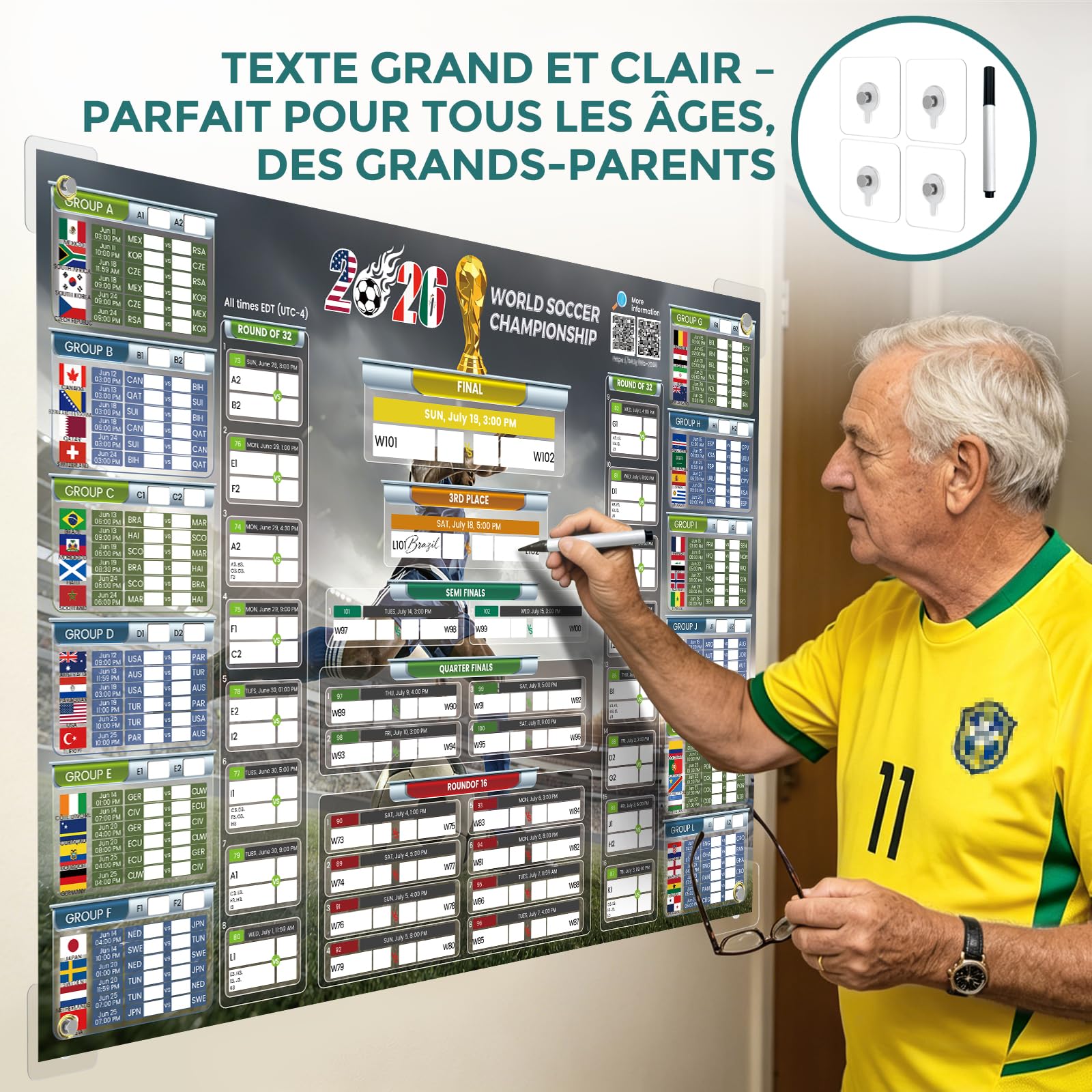 Calendrier Coupe du Monde 2026 QR code scores en direct 84.1x59.4 cm grand format police large Cadeau Fête des Pères