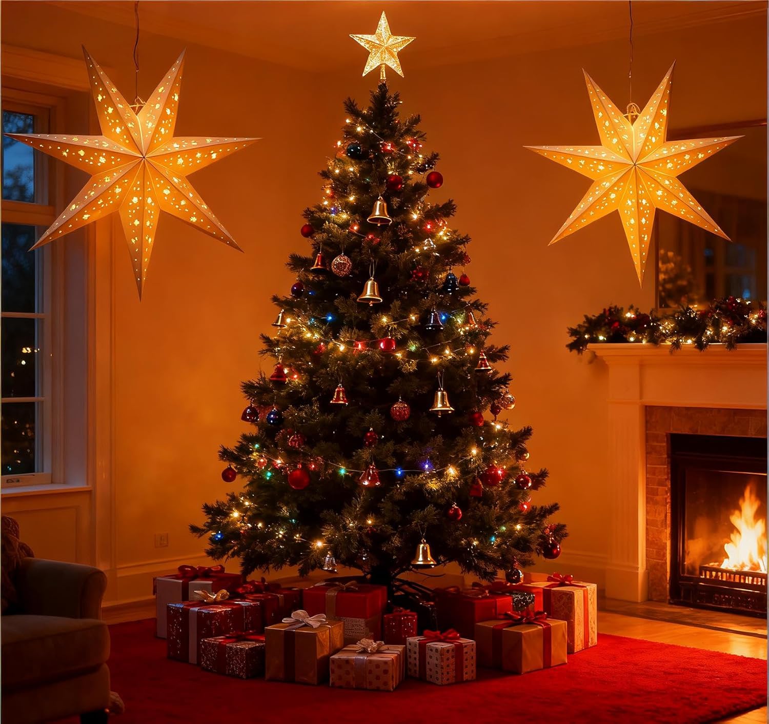 3PCS Paper Star Lanterns with Lights, 17inch Christmas Paper Lanterns Star Paper Lamp Shade Hanging Fairy Lights Ornaments for Holiday Wedding Party Home Window Decor